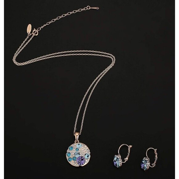 EVEVIC Austrian Crystal Round Disc Pendant Necklace Earring Set New - Picture 3 of 10